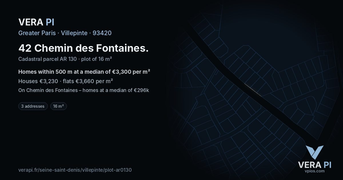 42 Chemin des Fontaines, Villepinte at night – the plot lit, the parcels around coloured by the prices near them
