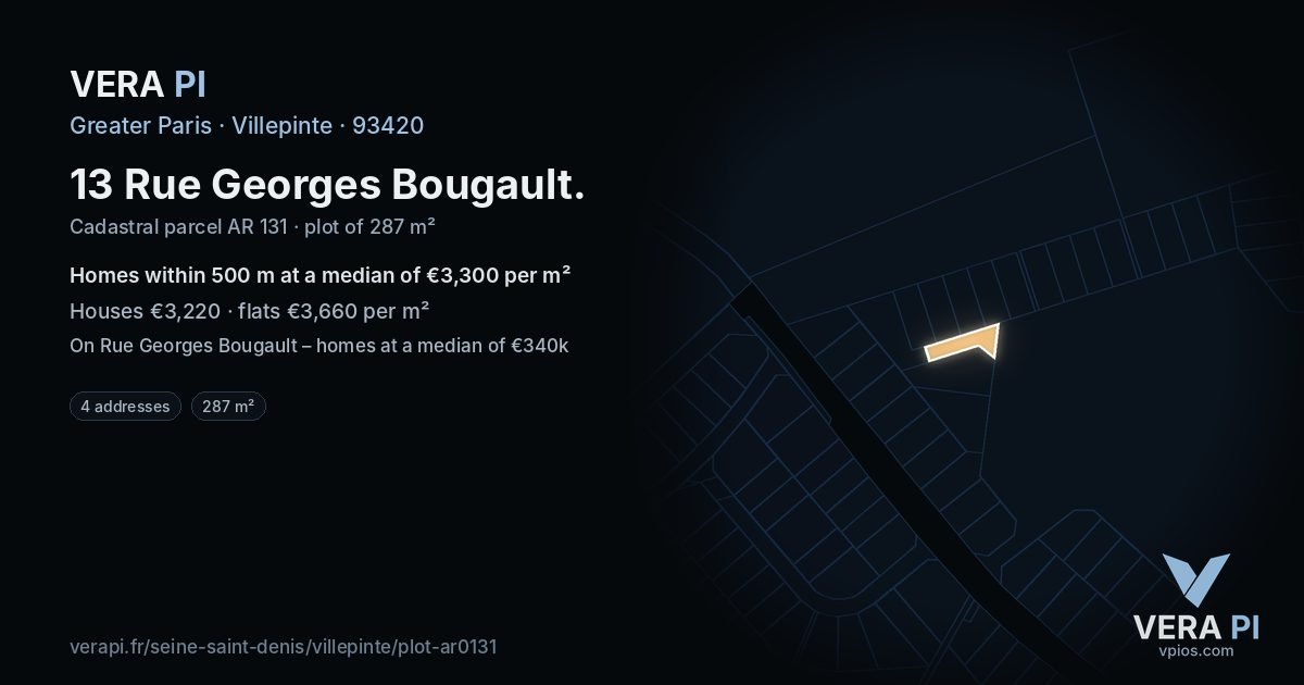 13 Rue Georges Bougault, Villepinte at night – the plot lit, the parcels around coloured by the prices near them
