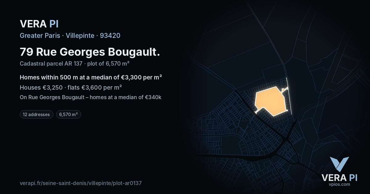 79 Rue Georges Bougault, Villepinte at night – the plot lit, the parcels around coloured by the prices near them