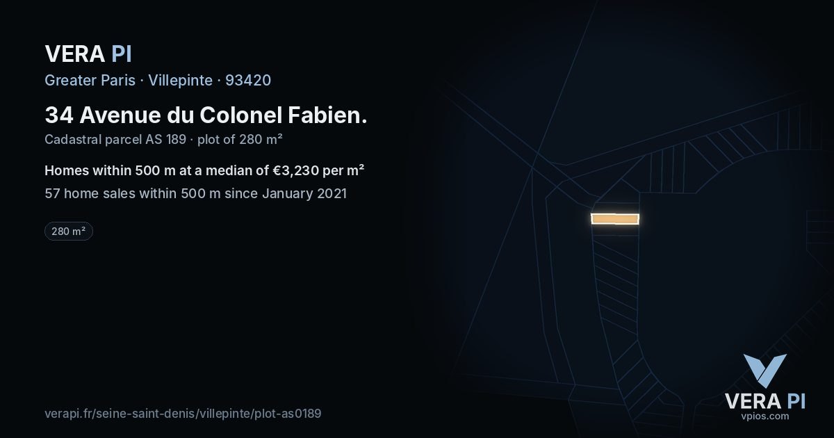 34 Avenue du Colonel Fabien, Villepinte at night – the plot lit, the parcels around coloured by the prices near them