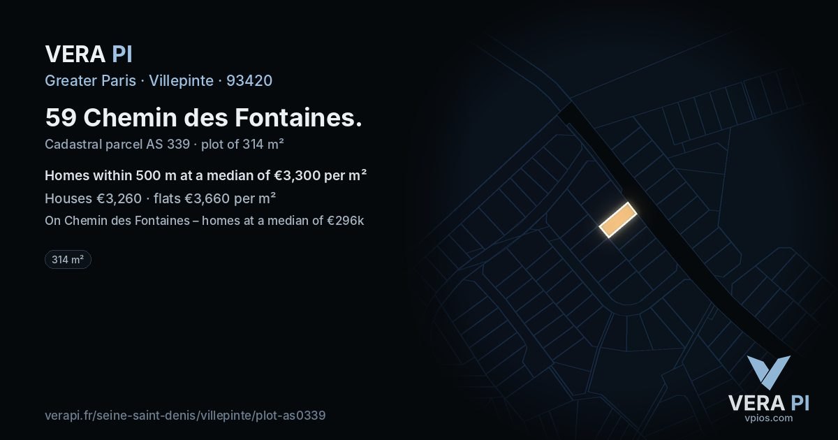 59 Chemin des Fontaines, Villepinte at night – the plot lit, the parcels around coloured by the prices near them