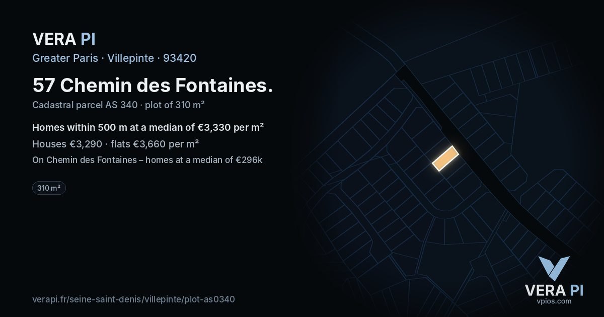 57 Chemin des Fontaines, Villepinte at night – the plot lit, the parcels around coloured by the prices near them
