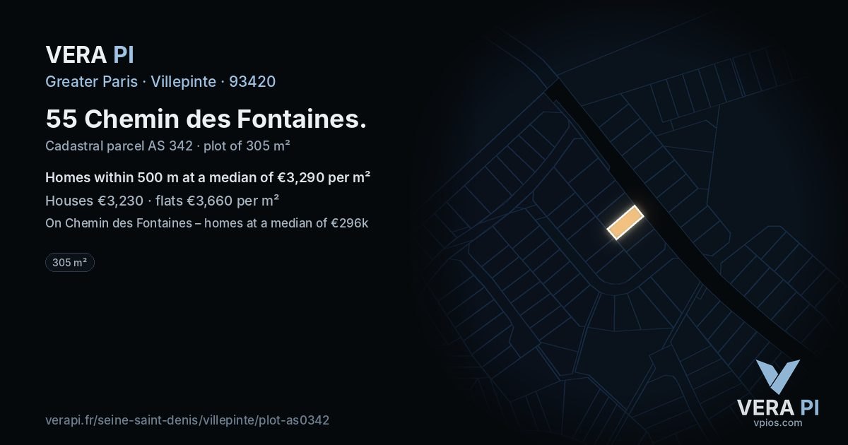 55 Chemin des Fontaines, Villepinte at night – the plot lit, the parcels around coloured by the prices near them