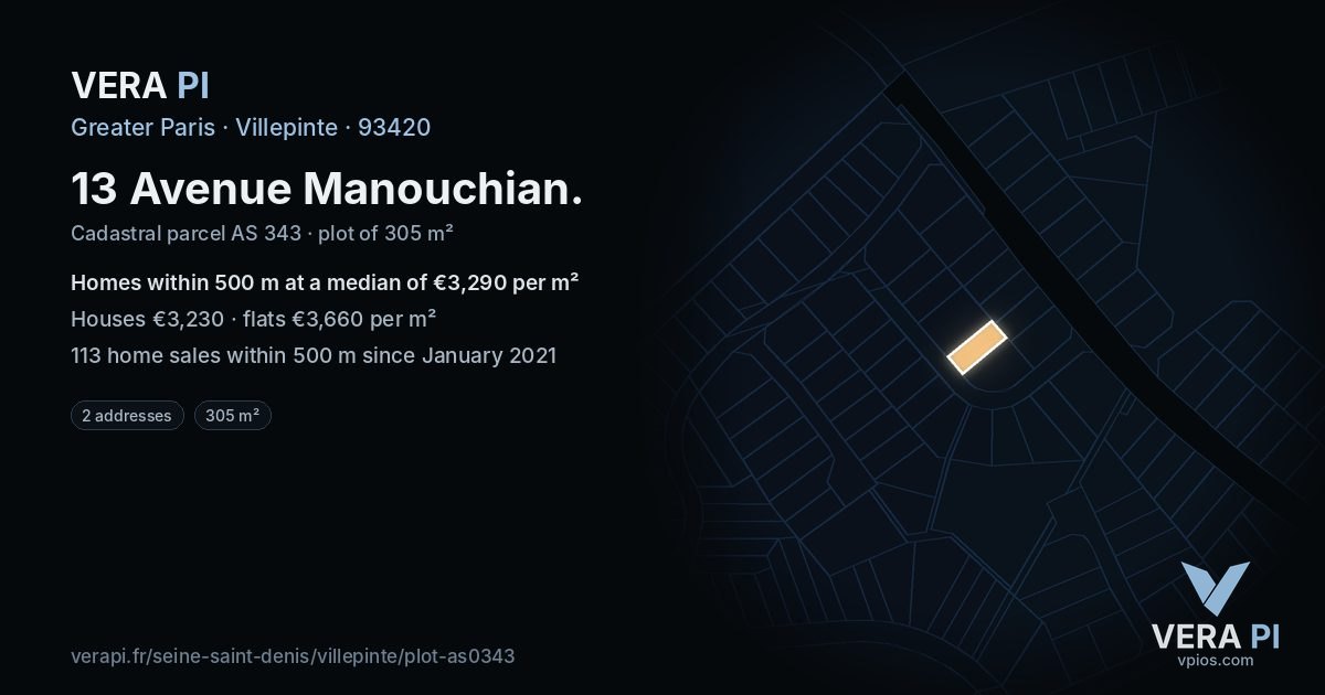 13 Avenue Manouchian, Villepinte at night – the plot lit, the parcels around coloured by the prices near them