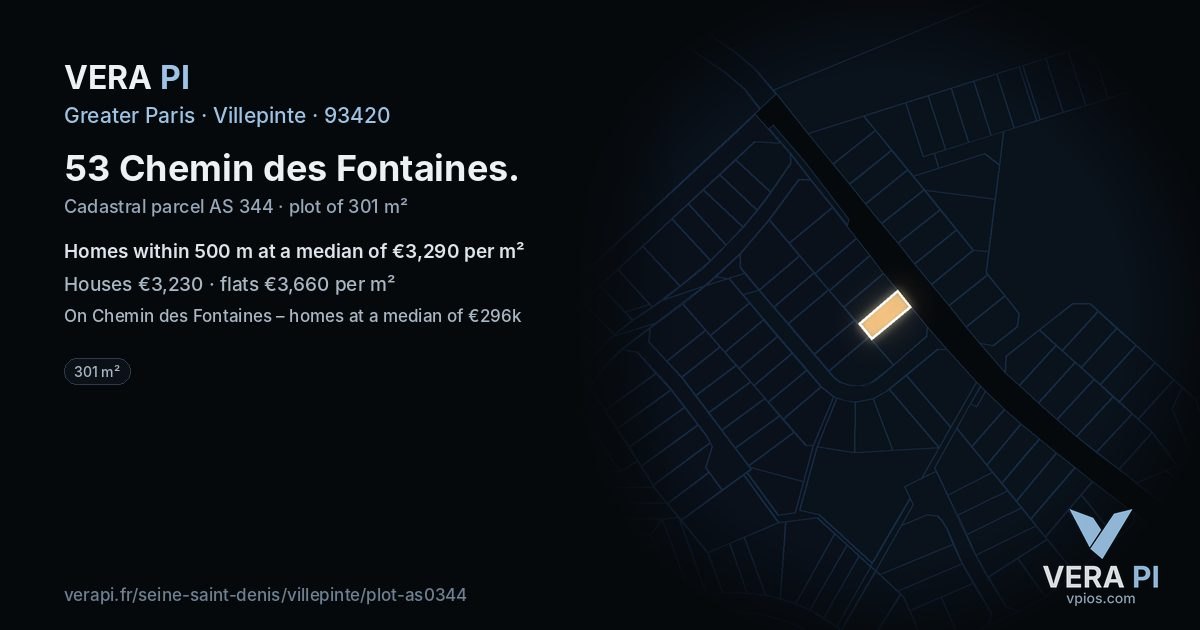 53 Chemin des Fontaines, Villepinte at night – the plot lit, the parcels around coloured by the prices near them