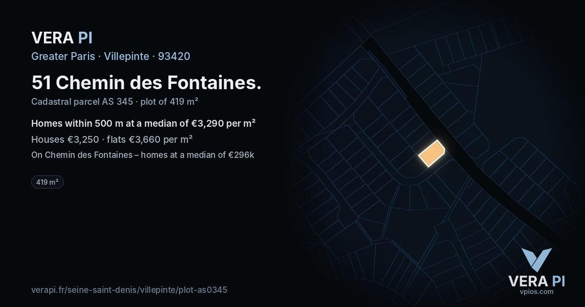 51 Chemin des Fontaines, Villepinte at night – the plot lit, the parcels around coloured by the prices near them