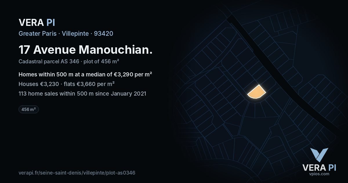 17 Avenue Manouchian, Villepinte at night – the plot lit, the parcels around coloured by the prices near them