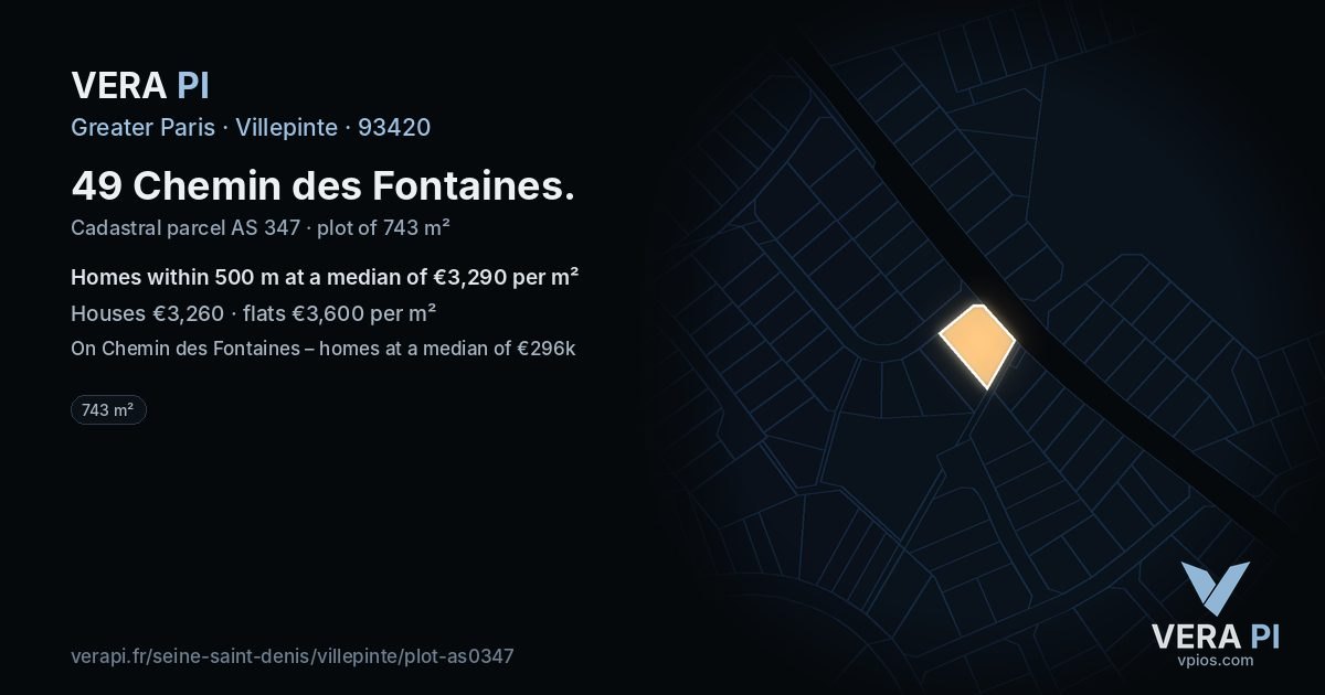 49 Chemin des Fontaines, Villepinte at night – the plot lit, the parcels around coloured by the prices near them