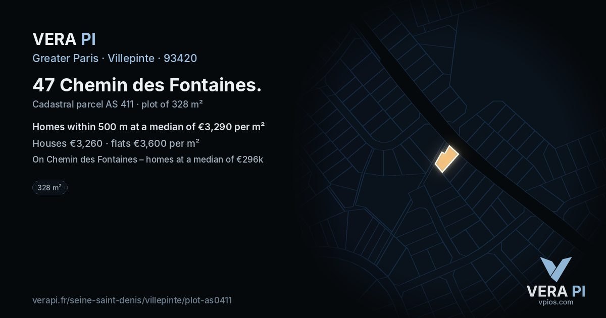 47 Chemin des Fontaines, Villepinte at night – the plot lit, the parcels around coloured by the prices near them