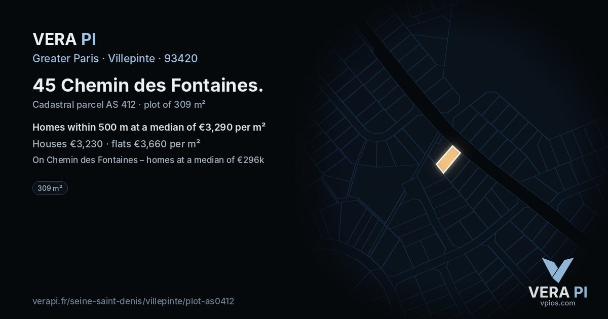 45 Chemin des Fontaines, Villepinte at night – the plot lit, the parcels around coloured by the prices near them