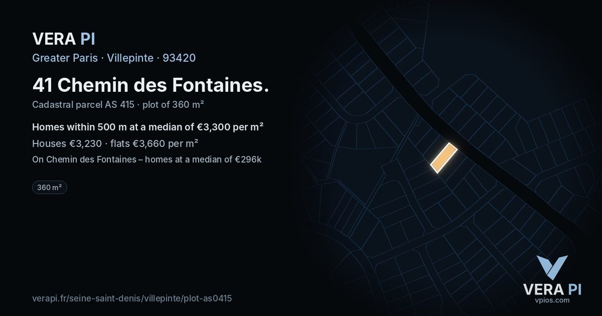 41 Chemin des Fontaines, Villepinte at night – the plot lit, the parcels around coloured by the prices near them