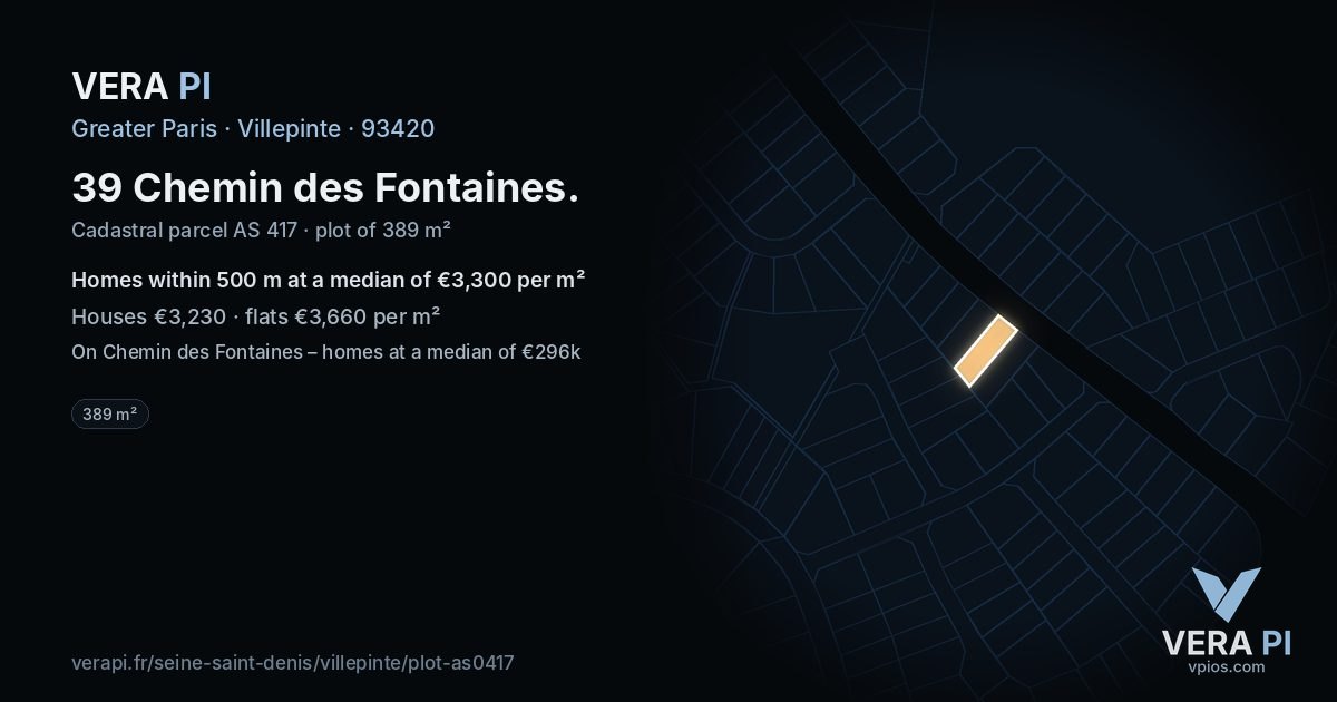 39 Chemin des Fontaines, Villepinte at night – the plot lit, the parcels around coloured by the prices near them