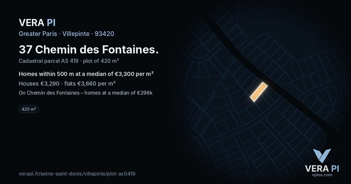 37 Chemin des Fontaines, Villepinte at night – the plot lit, the parcels around coloured by the prices near them