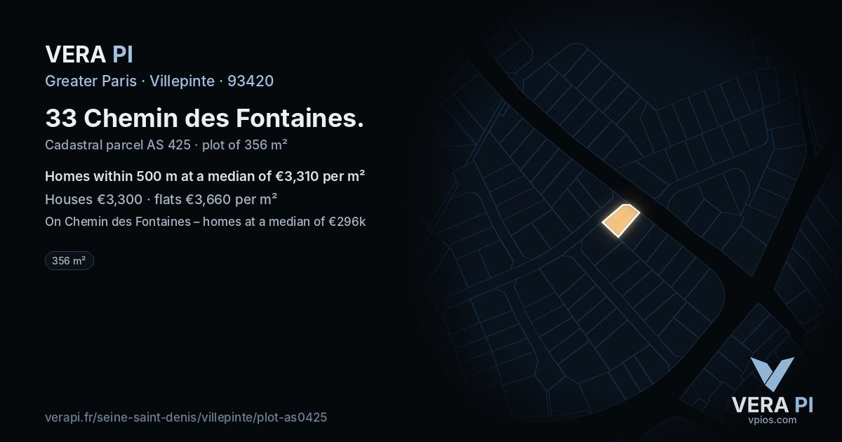 33 Chemin des Fontaines, Villepinte at night – the plot lit, the parcels around coloured by the prices near them