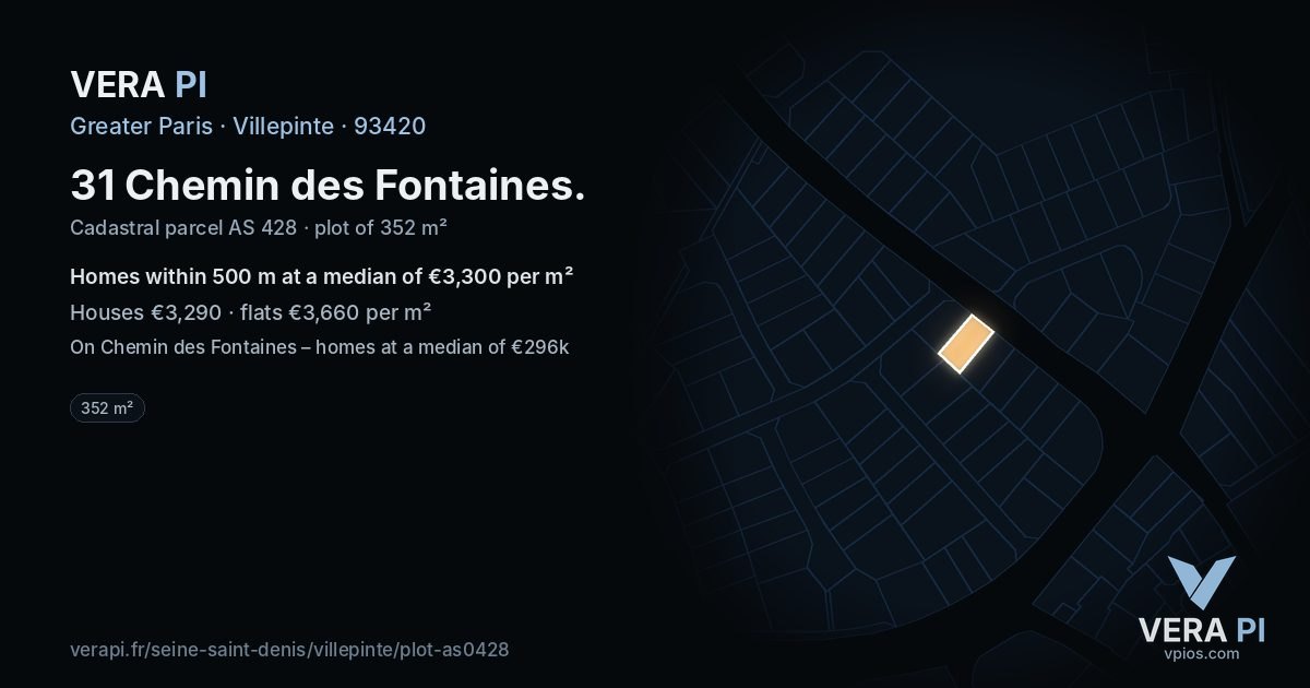 31 Chemin des Fontaines, Villepinte at night – the plot lit, the parcels around coloured by the prices near them