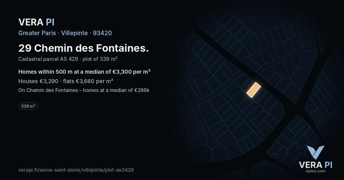 29 Chemin des Fontaines, Villepinte at night – the plot lit, the parcels around coloured by the prices near them