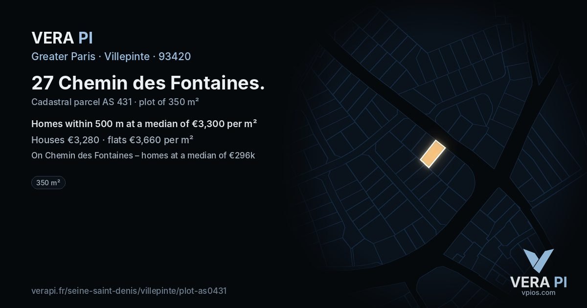 27 Chemin des Fontaines, Villepinte at night – the plot lit, the parcels around coloured by the prices near them