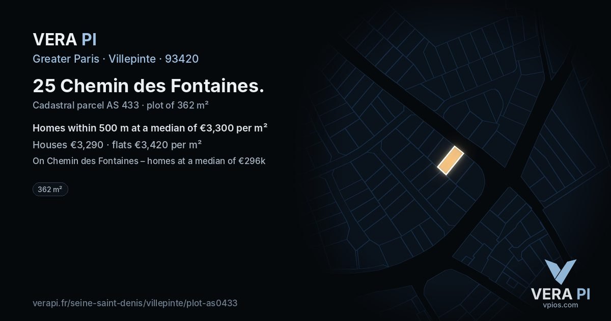 25 Chemin des Fontaines, Villepinte at night – the plot lit, the parcels around coloured by the prices near them