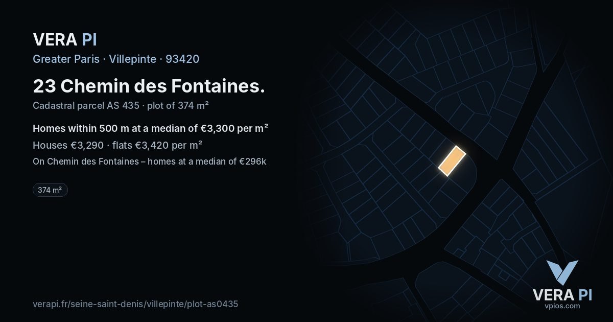 23 Chemin des Fontaines, Villepinte at night – the plot lit, the parcels around coloured by the prices near them