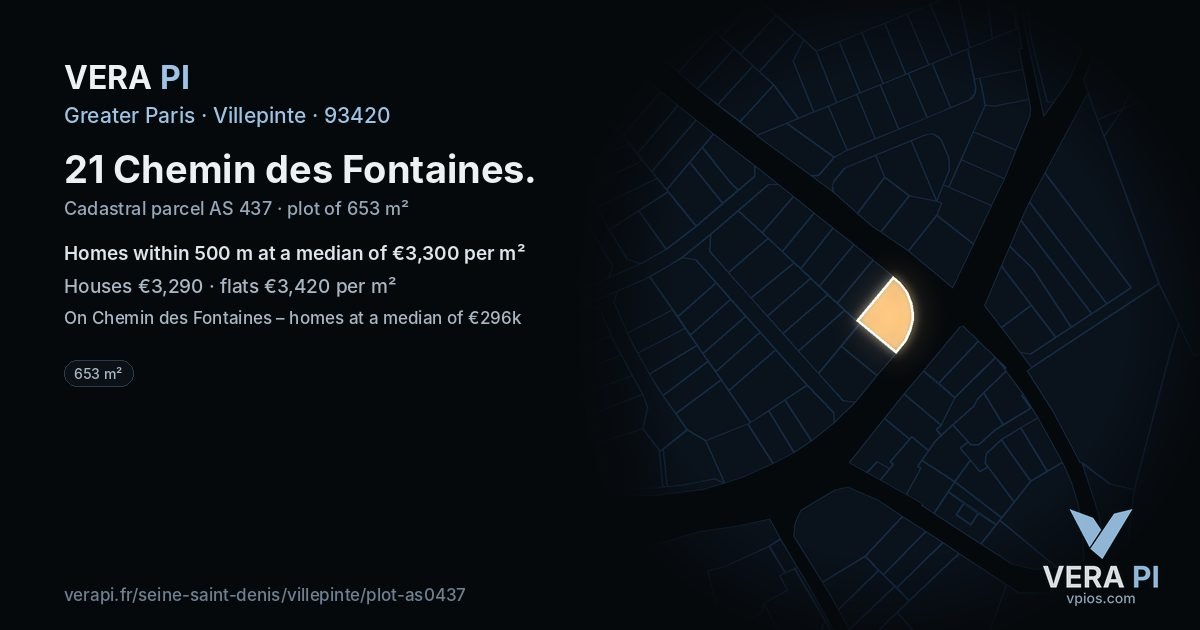 21 Chemin des Fontaines, Villepinte at night – the plot lit, the parcels around coloured by the prices near them