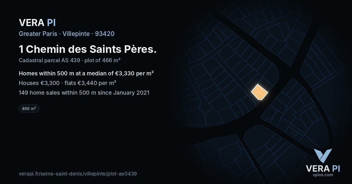 1 Chemin des Saints Pères, Villepinte at night – the plot lit, the parcels around coloured by the prices near them