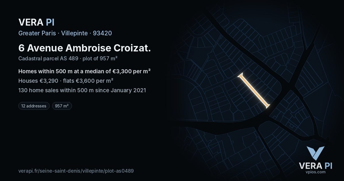6 Avenue Ambroise Croizat, Villepinte at night – the plot lit, the parcels around coloured by the prices near them