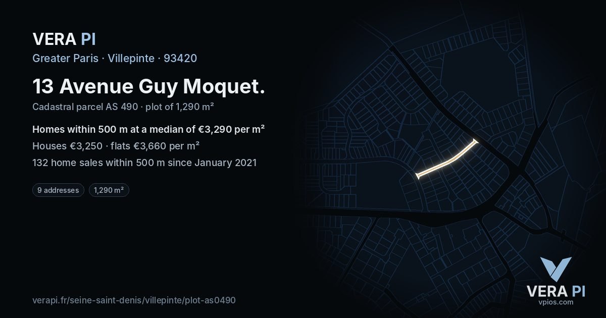13 Avenue Guy Moquet, Villepinte at night – the plot lit, the parcels around coloured by the prices near them
