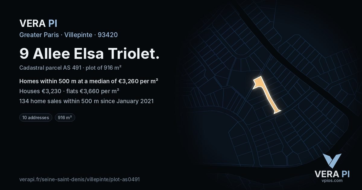 9 Allee Elsa Triolet, Villepinte at night – the plot lit, the parcels around coloured by the prices near them