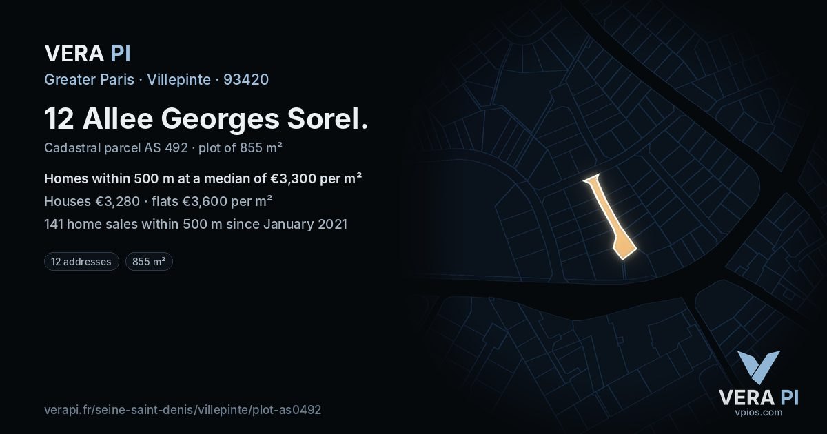 12 Allee Georges Sorel, Villepinte at night – the plot lit, the parcels around coloured by the prices near them