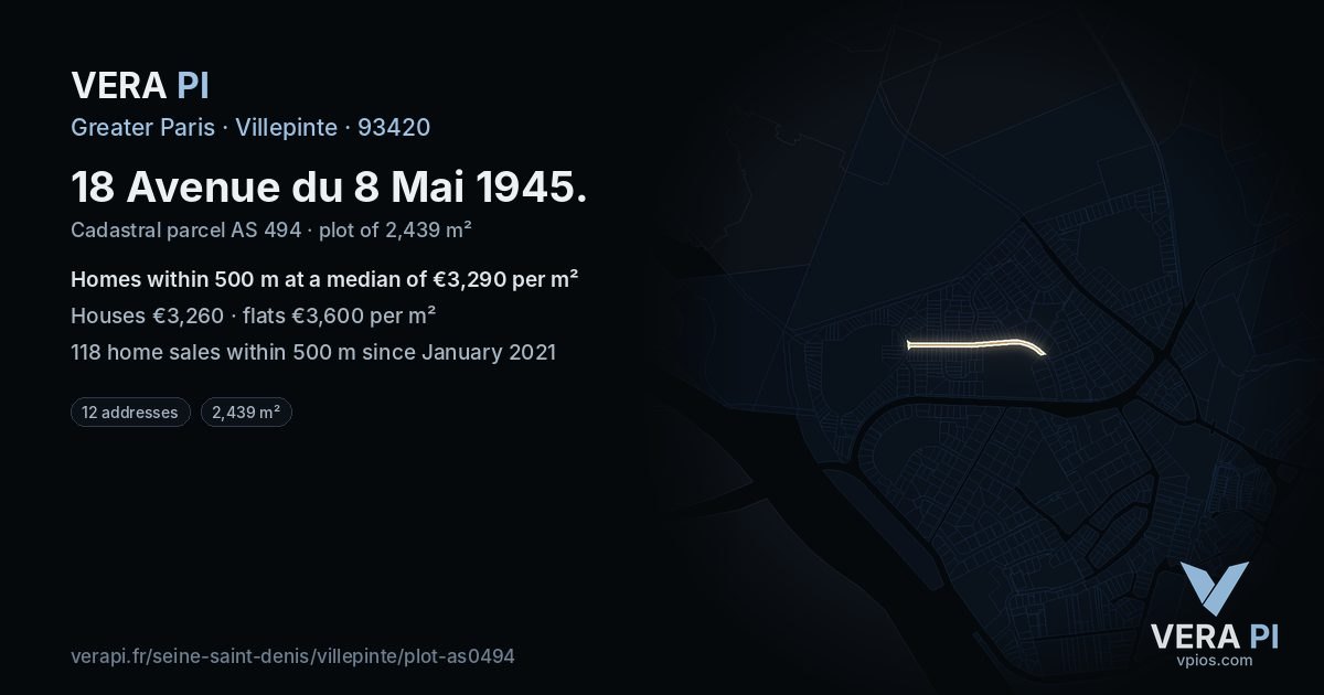 18 Avenue du 8 Mai 1945, Villepinte at night – the plot lit, the parcels around coloured by the prices near them