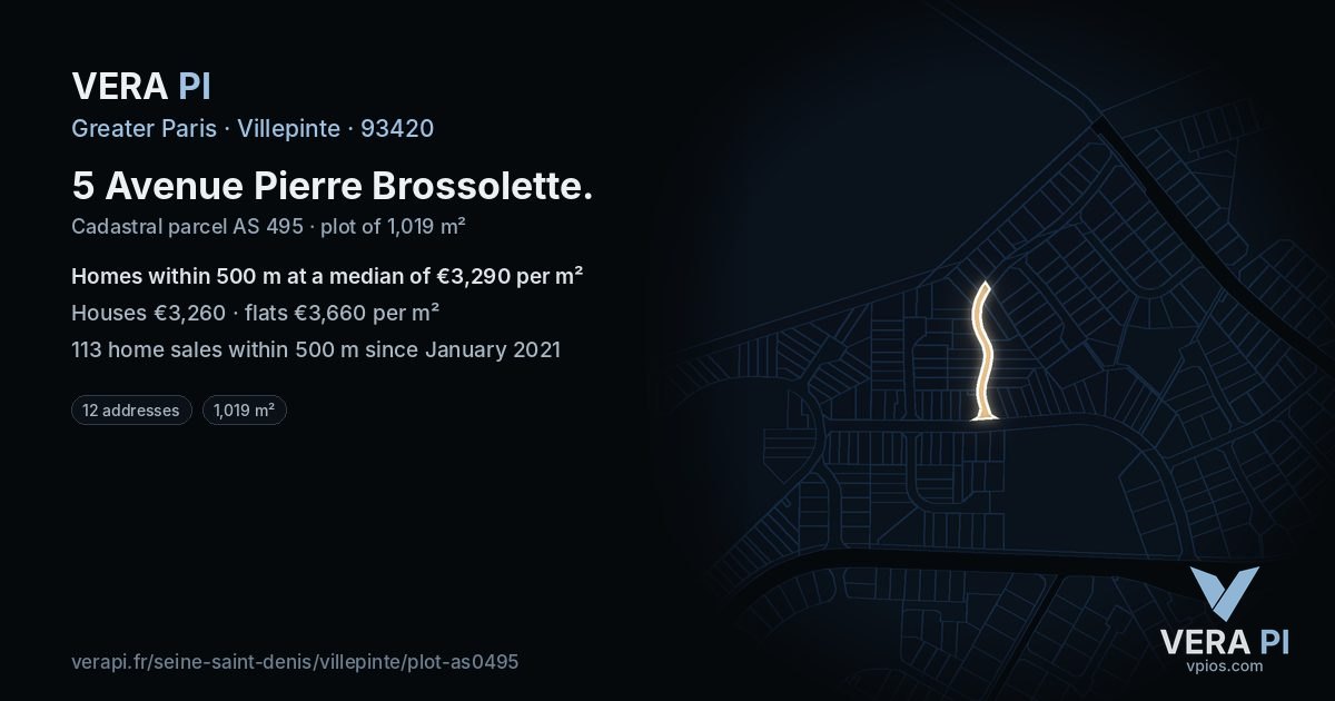 5 Avenue Pierre Brossolette, Villepinte at night – the plot lit, the parcels around coloured by the prices near them