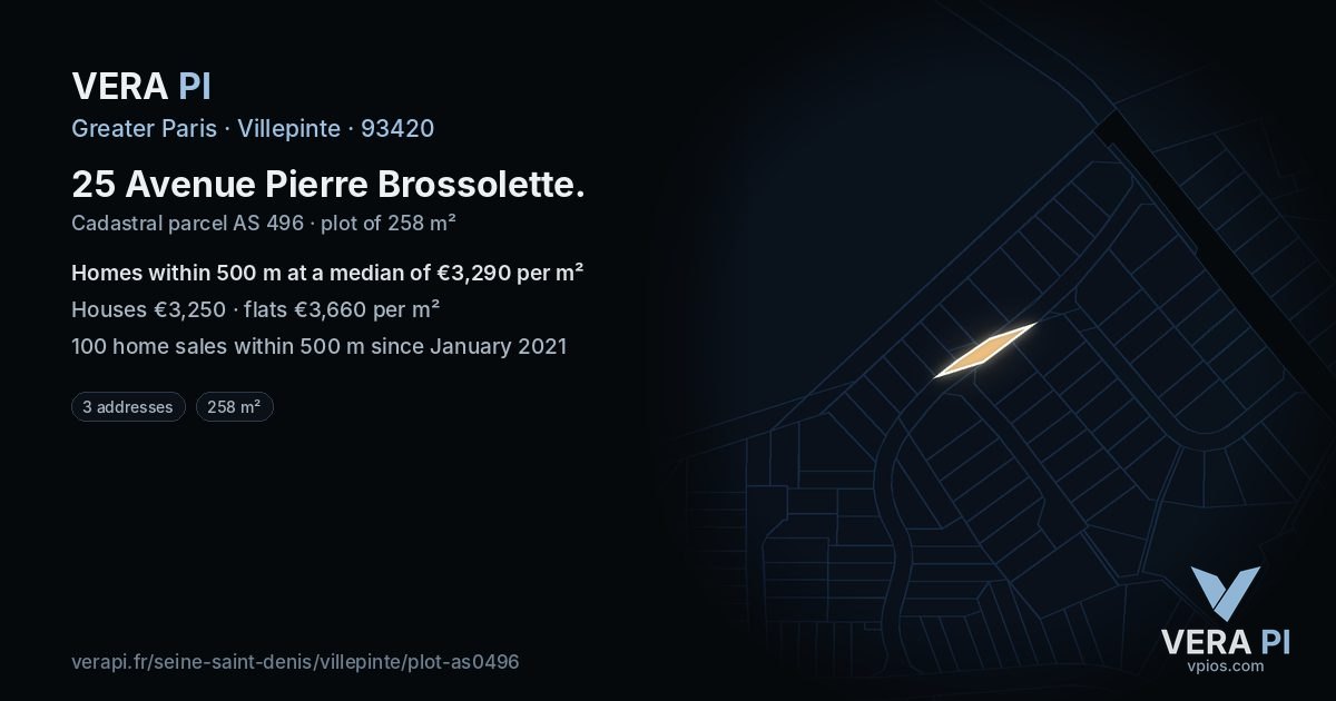 25 Avenue Pierre Brossolette, Villepinte at night – the plot lit, the parcels around coloured by the prices near them