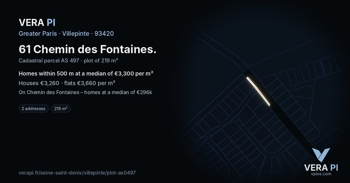 61 Chemin des Fontaines, Villepinte at night – the plot lit, the parcels around coloured by the prices near them