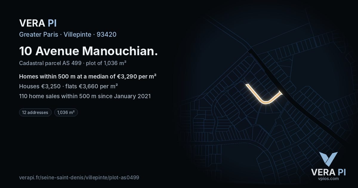 10 Avenue Manouchian, Villepinte at night – the plot lit, the parcels around coloured by the prices near them