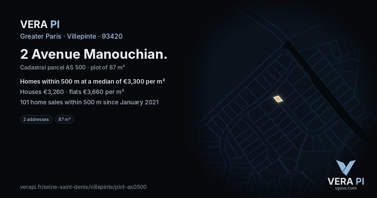 2 Avenue Manouchian, Villepinte at night – the plot lit, the parcels around coloured by the prices near them
