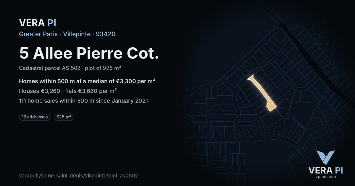 5 Allee Pierre Cot, Villepinte at night – the plot lit, the parcels around coloured by the prices near them