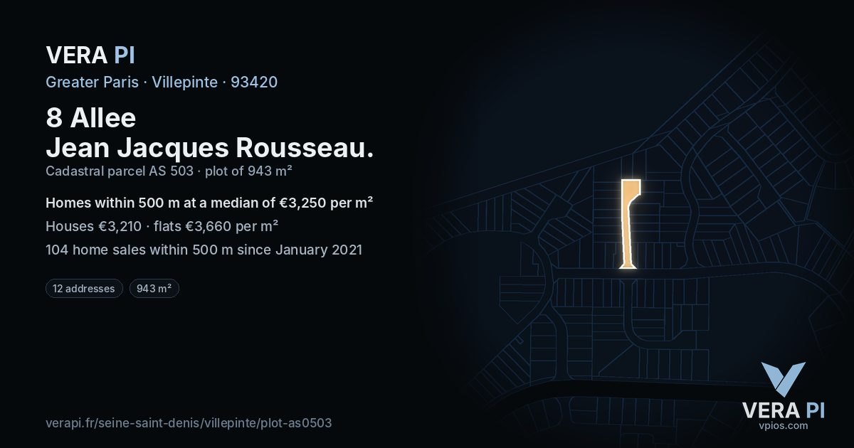 8 Allee Jean Jacques Rousseau, Villepinte at night – the plot lit, the parcels around coloured by the prices near them
