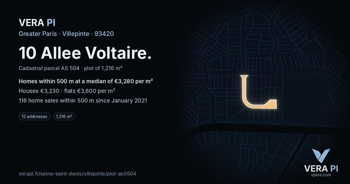 10 Allee Voltaire, Villepinte at night – the plot lit, the parcels around coloured by the prices near them