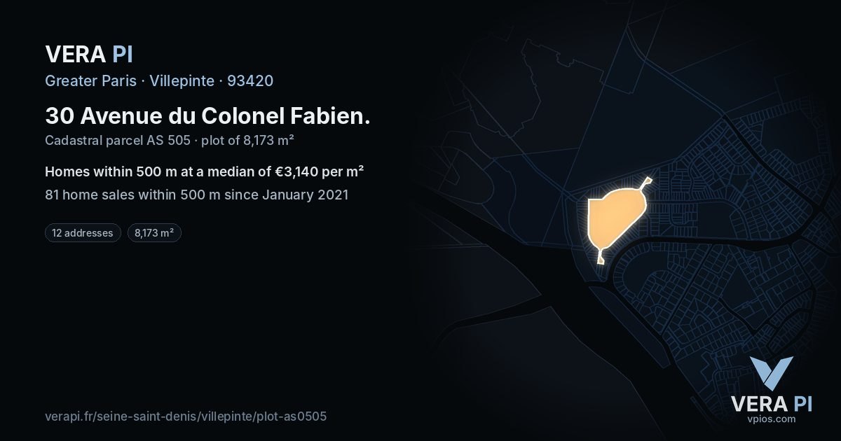 30 Avenue du Colonel Fabien, Villepinte at night – the plot lit, the parcels around coloured by the prices near them