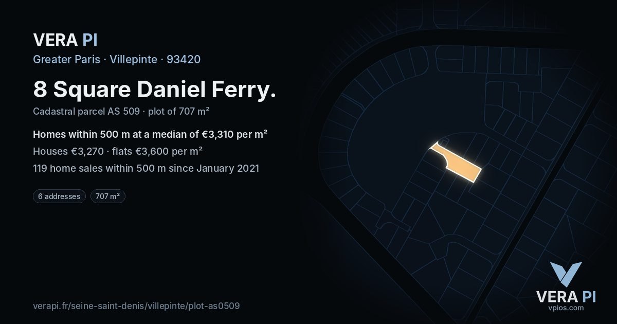 8 Square Daniel Ferry, Villepinte at night – the plot lit, the parcels around coloured by the prices near them
