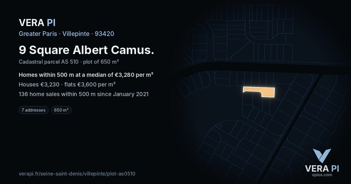 9 Square Albert Camus, Villepinte at night – the plot lit, the parcels around coloured by the prices near them