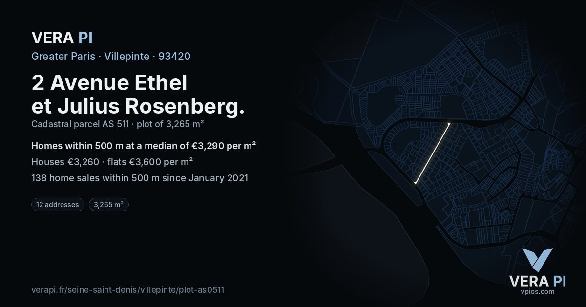 2 Avenue Ethel et Julius Rosenberg, Villepinte at night – the plot lit, the parcels around coloured by the prices near them