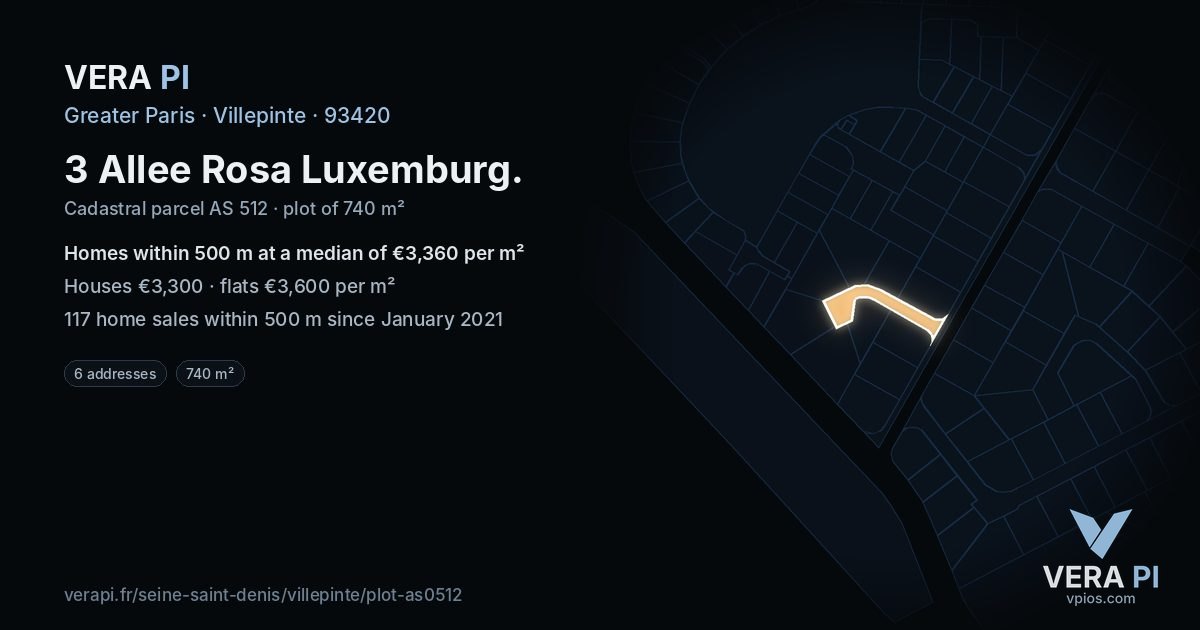 3 Allee Rosa Luxemburg, Villepinte at night – the plot lit, the parcels around coloured by the prices near them