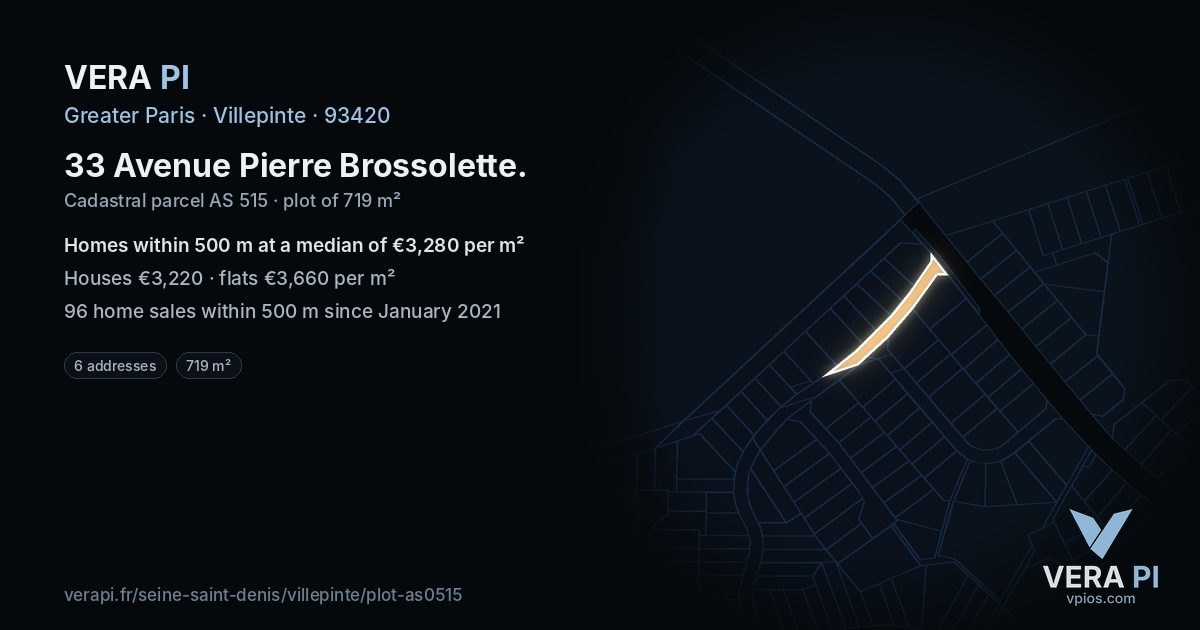 33 Avenue Pierre Brossolette, Villepinte at night – the plot lit, the parcels around coloured by the prices near them