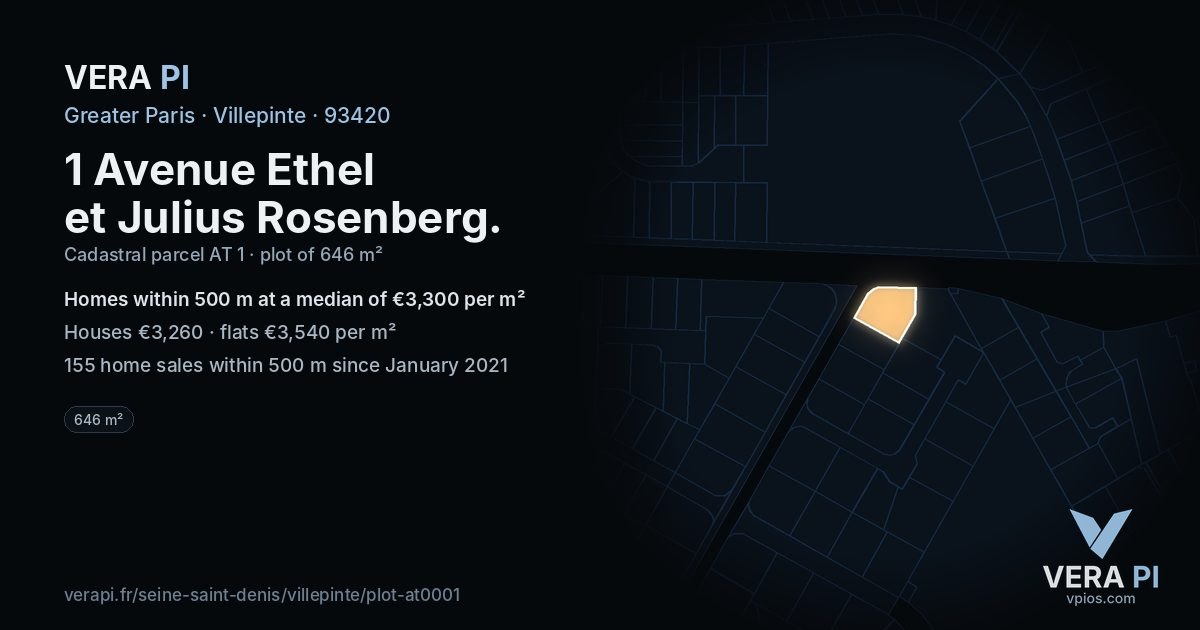 1 Avenue Ethel et Julius Rosenberg, Villepinte at night – the plot lit, the parcels around coloured by the prices near them