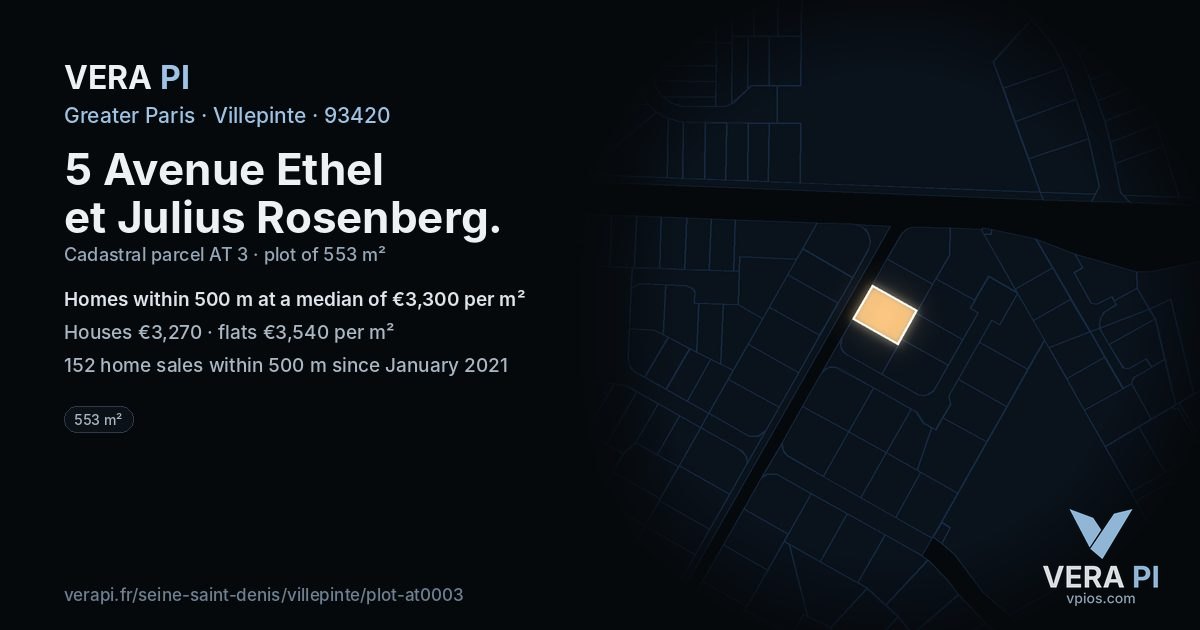 5 Avenue Ethel et Julius Rosenberg, Villepinte at night – the plot lit, the parcels around coloured by the prices near them
