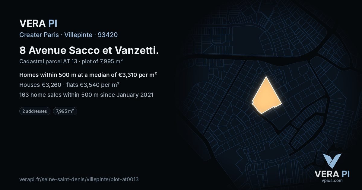 8 Avenue Sacco et Vanzetti, Villepinte at night – the plot lit, the parcels around coloured by the prices near them