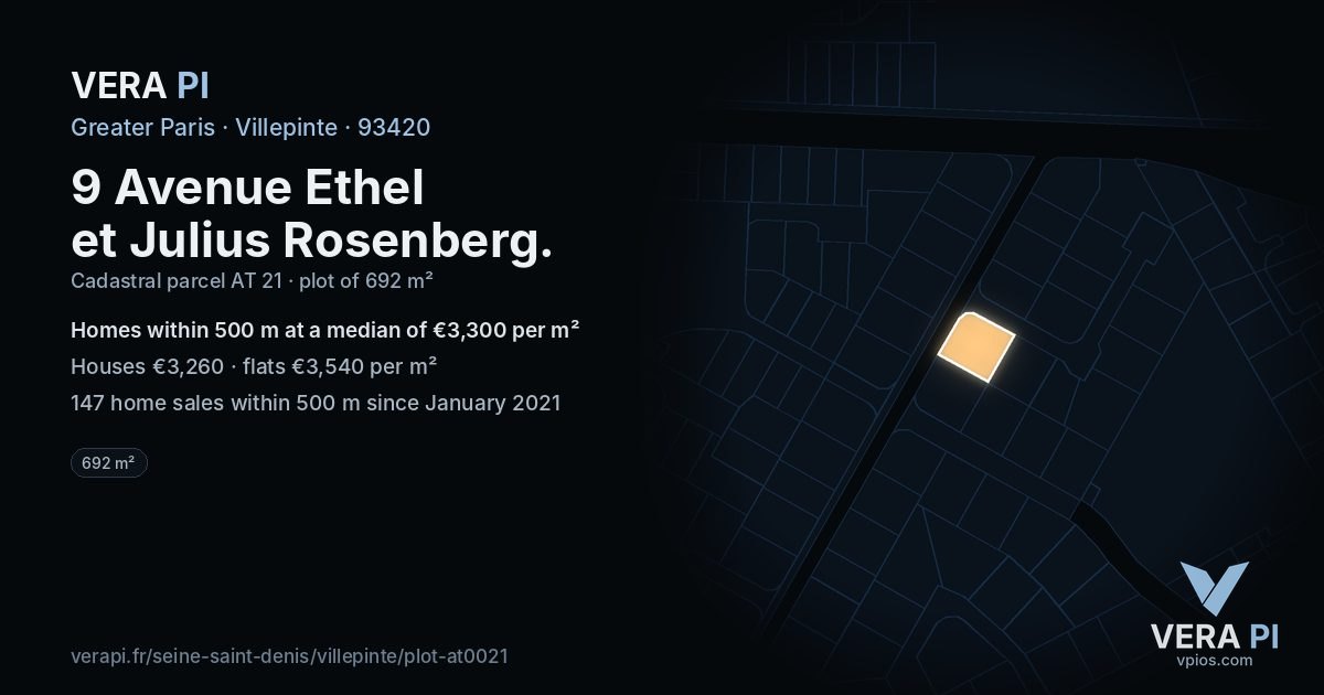 9 Avenue Ethel et Julius Rosenberg, Villepinte at night – the plot lit, the parcels around coloured by the prices near them