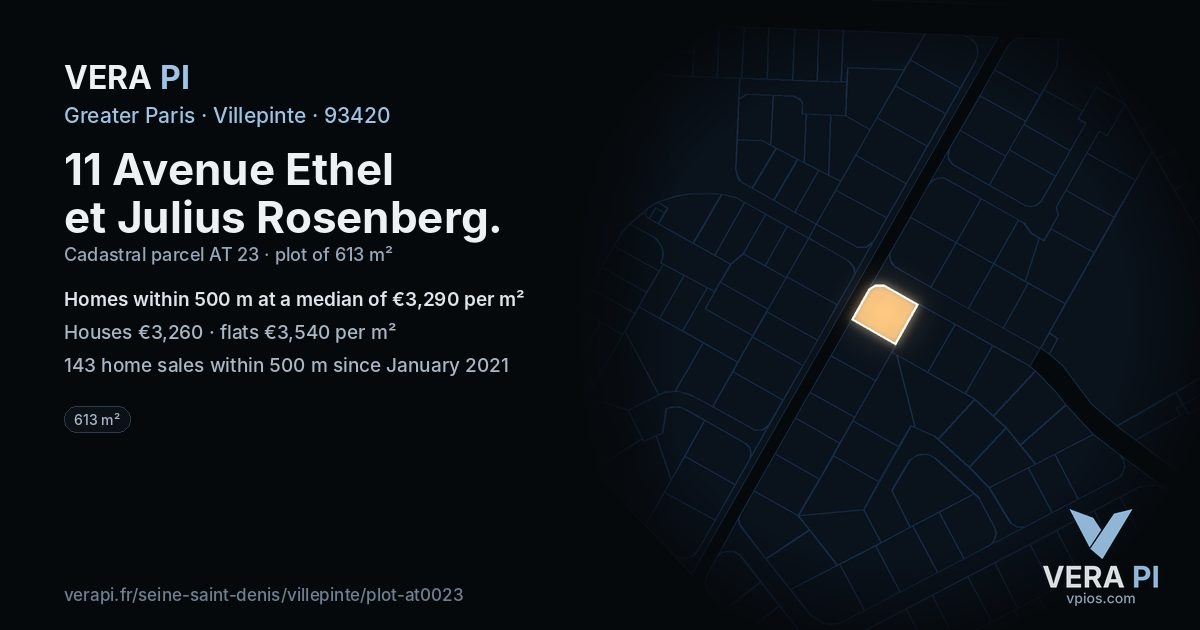 11 Avenue Ethel et Julius Rosenberg, Villepinte at night – the plot lit, the parcels around coloured by the prices near them