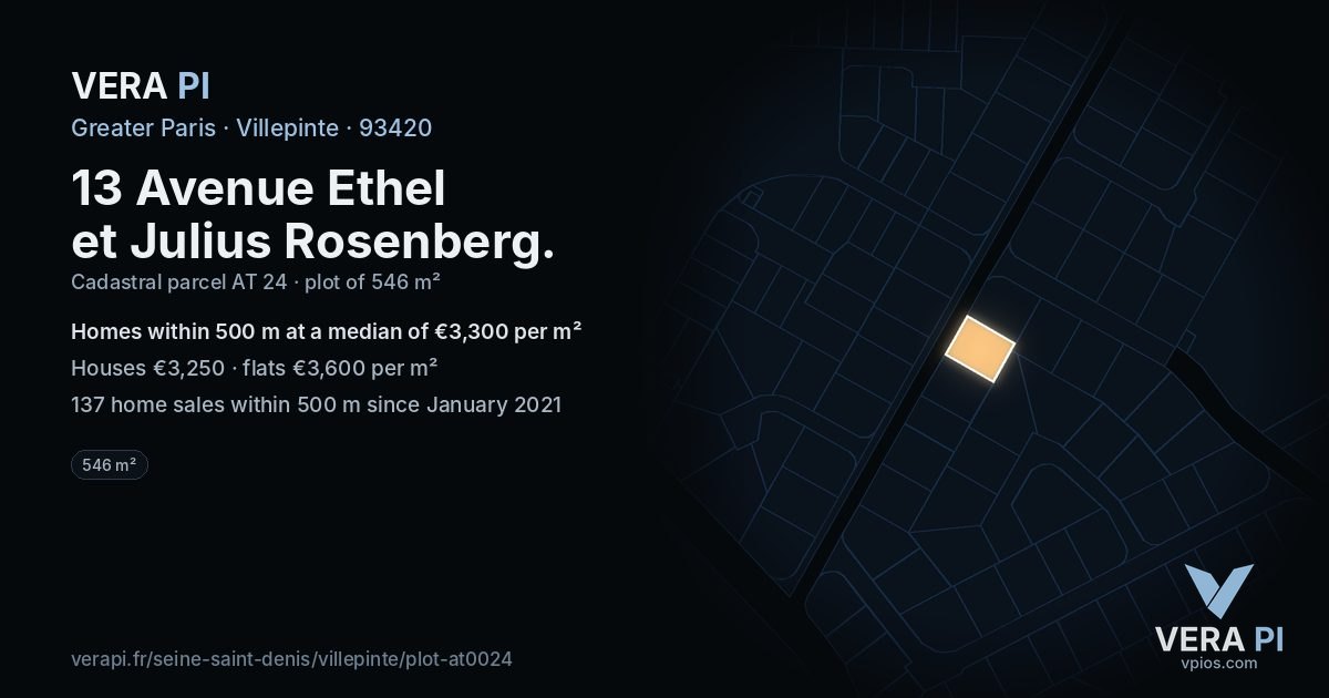 13 Avenue Ethel et Julius Rosenberg, Villepinte at night – the plot lit, the parcels around coloured by the prices near them